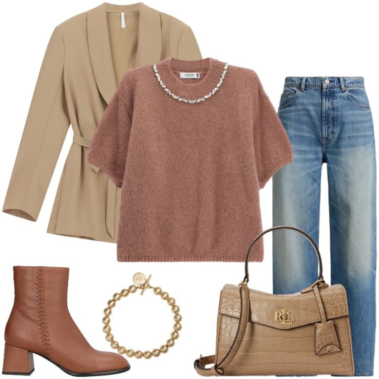 Outfit donna - Total look #2485283. Stile Casual chic per Tutti i giorni. Abbinamento con stivaletti, blazer, maglieria, jeans, braccialetti, borse a mano.
