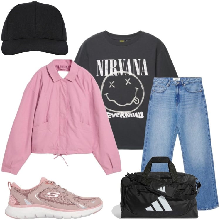 Outfit donna - Total look #2485284. Stile Sporty chic per Sport. Abbinamento con bomber, cappelli con visiera, jeans dritti, t-shirt, scarpe sportive, borse sportive.