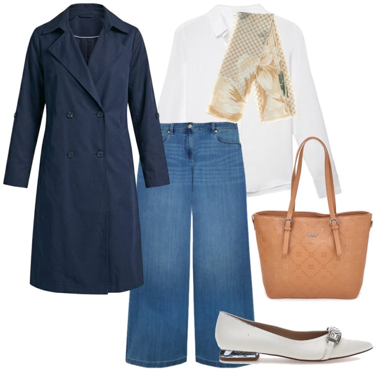 Outfit donna - Comodità d\'autunno. per Scuola/Università. Abbinamento con trench, camicie, jeans, ballerine, foulard, borse a tracolla.