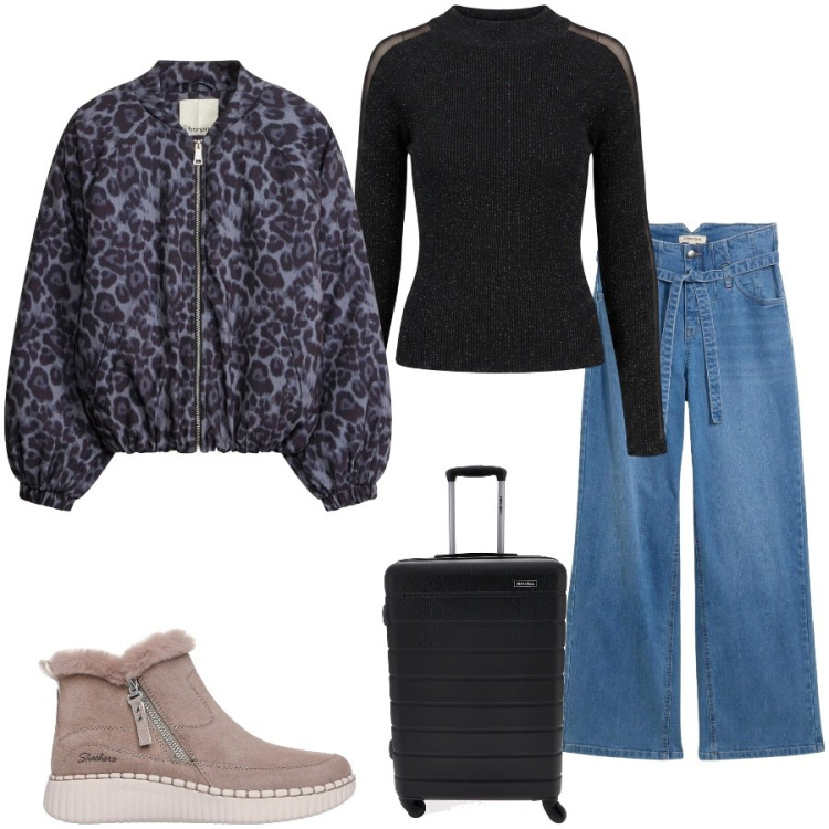 Outfit donna - Total look #2485291. Stile Casual chic per Tutti i giorni. Abbinamento con maglieria, bomber, jeans, stivaletti, valigie.