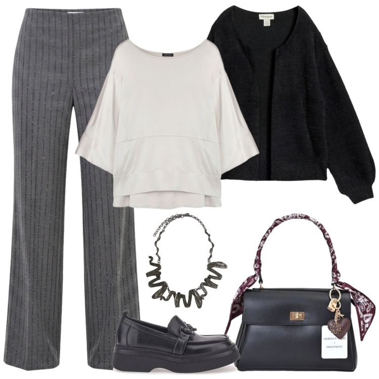 Outfit donna - Seta e maglia per l\'autunno. Stile Chic per Ufficio. Abbinamento con cardigans, pantaloni, borse a mano, bluse, ciondoli, mocassini.