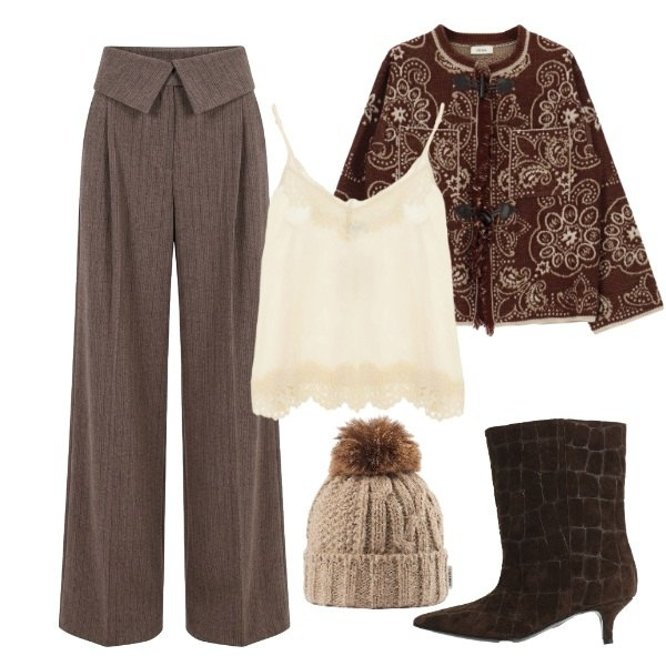 Outfit donna - Autumn Paisley vs Boho Chic Elegance. Stile Glamour per Cerimonia. look ideale per Tall. Abbinamento con stivali, pantaloni a palazzo, blazer, top, berretti.