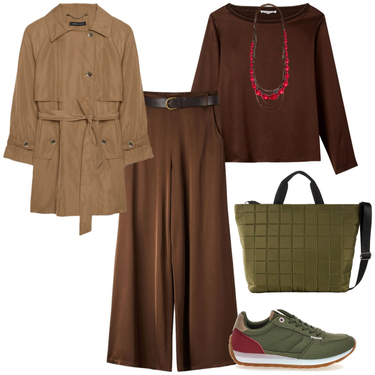 Outfit donna - Uso Quotidiano. per Tutti i giorni. Abbinamento con collane, trench, bluse, pantaloni, sneakers, shopping bag.