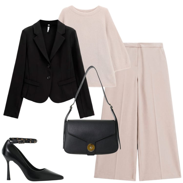 Outfit donna - Imperial. Stile Minimal per Tutti i giorni. Abbinamento con décolleté, blazer, pantaloni a palazzo, borse a spalla, maglieria.