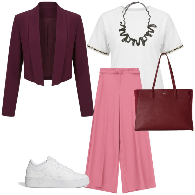 Outfit donna - Caldo autunno. per Tutti i giorni. Abbinamento con t-shirt, blazer, pantaloni a palazzo, shopping bag, ciondoli, sneakers.