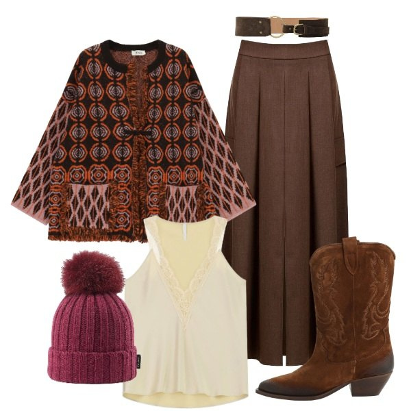 Outfit donna - Cozy & Cool. Stile Romantica per Serata fuori. look ideale per Tall. Abbinamento con gonne lunghe, canottiere, cardigans, stivaletti texani, cinture, berretti.