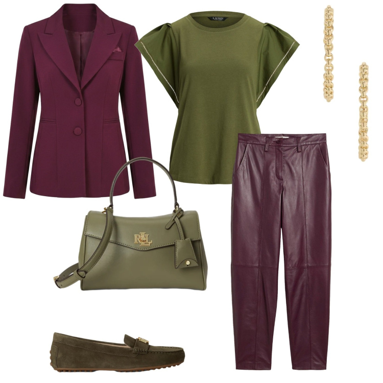 Outfit donna - A lavoro. per Ufficio. Abbinamento con top, pantaloni, blazer, mocassini, borse a mano, orecchini.