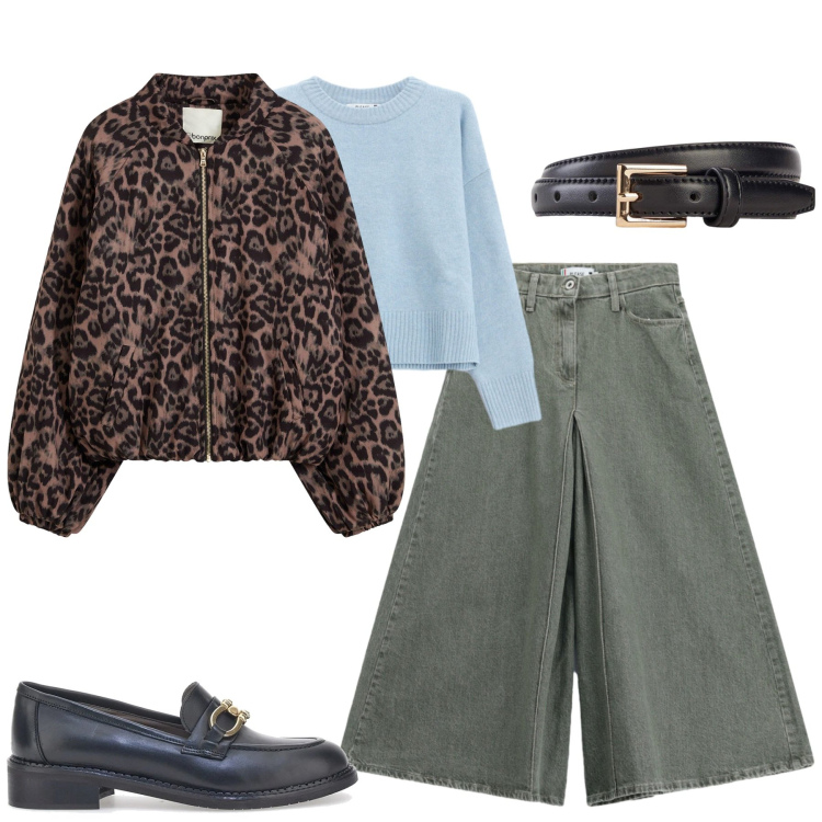 Outfit donna - Ottobre. Stile Casual per Tutti i giorni. Abbinamento con pantaloni, maglieria, bomber, mocassini, cinture.