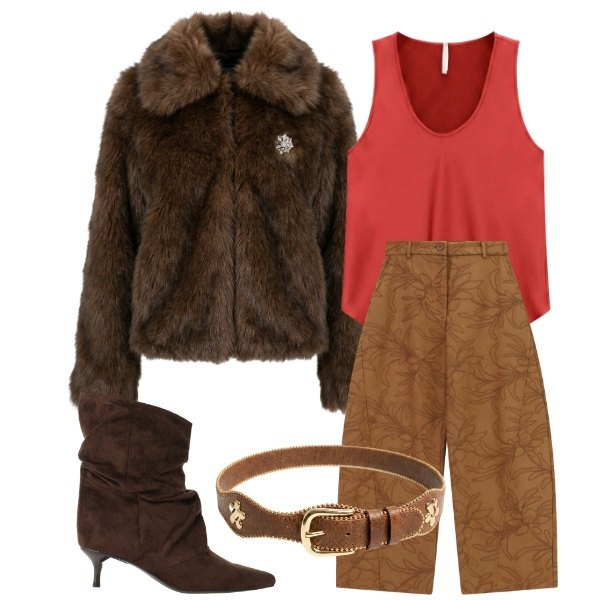Outfit donna - Soft Leather vs Contrast & Warmth. Stile Romantica per Serata fuori. look ideale per Petite. Abbinamento con pantaloni, canottiere, stivali, blazer, cinture.