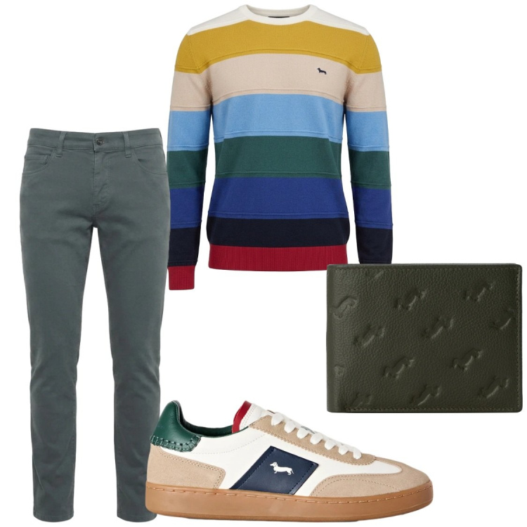 Outfit uomo - A colori. Stile Trendy per Tutti i giorni. Abbinamento con maglieria, jeans slim fit, sneakers, portafogli.