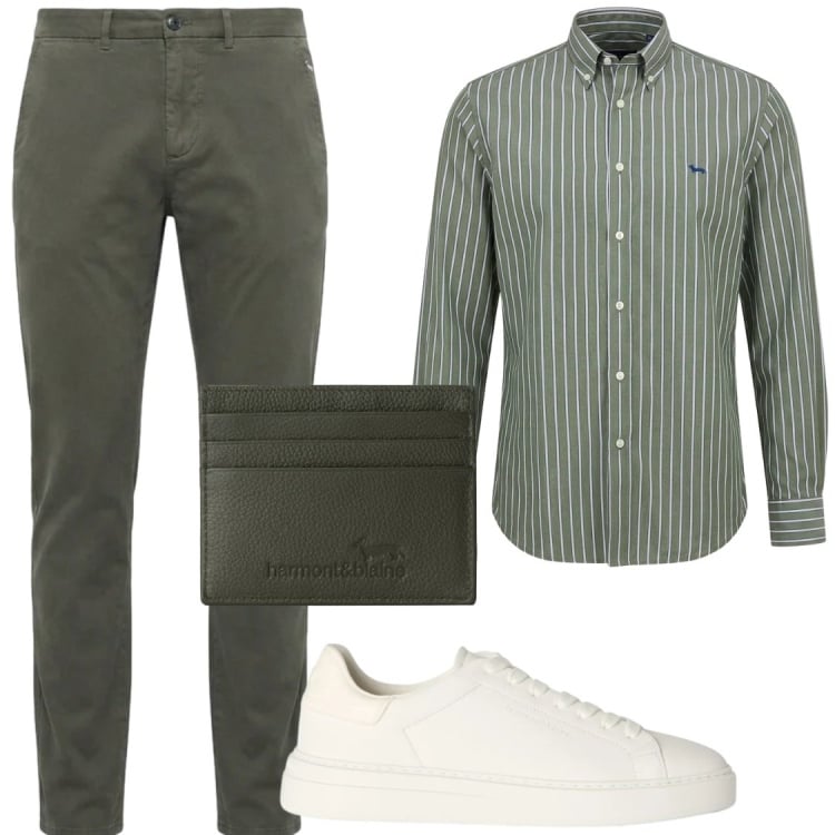 Outfit uomo - Verde utunno. Stile Trendy per Tutti i giorni. Abbinamento con camicie, pantaloni, sneakers, portafogli.
