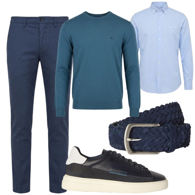 Outfit uomo - Il blu autunnale. Stile Trendy per Ufficio. Abbinamento con sneakers, maglieria, camicie, cinture, pantaloni.