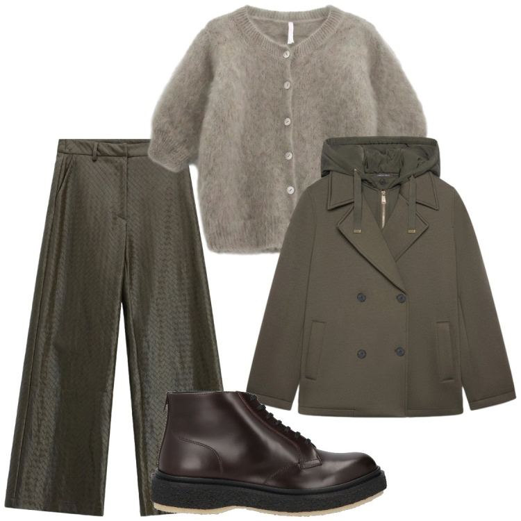 Outfit donna - Verde autunnale. Stile Chic per Ufficio. Abbinamento con stivaletti, cardigans, pantaloni a palazzo, blazer.