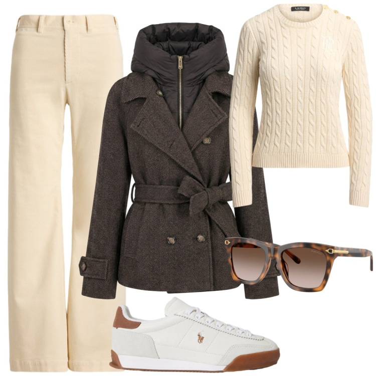 Outfit donna - Di corsa ma chic. Stile Chic per Ufficio. Abbinamento con blazer, occhiali da sole, sneakers, pantaloni, maglieria.