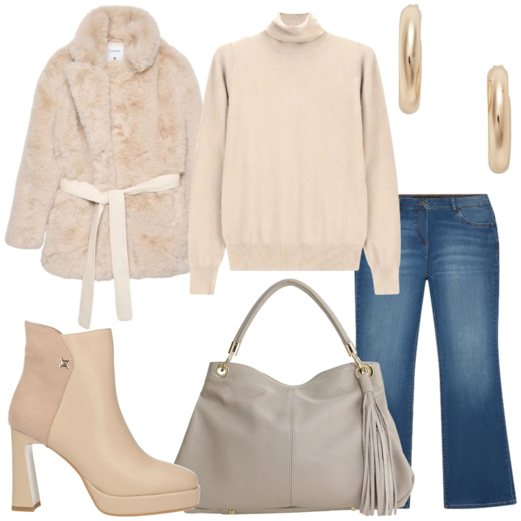 Outfit donna - Un pomeriggio di inverno. Stile Casual chic per Tutti i giorni. Abbinamento con stivaletti, cappotti, borse a spalla, pullovers, jeans bootcut, orecchini.