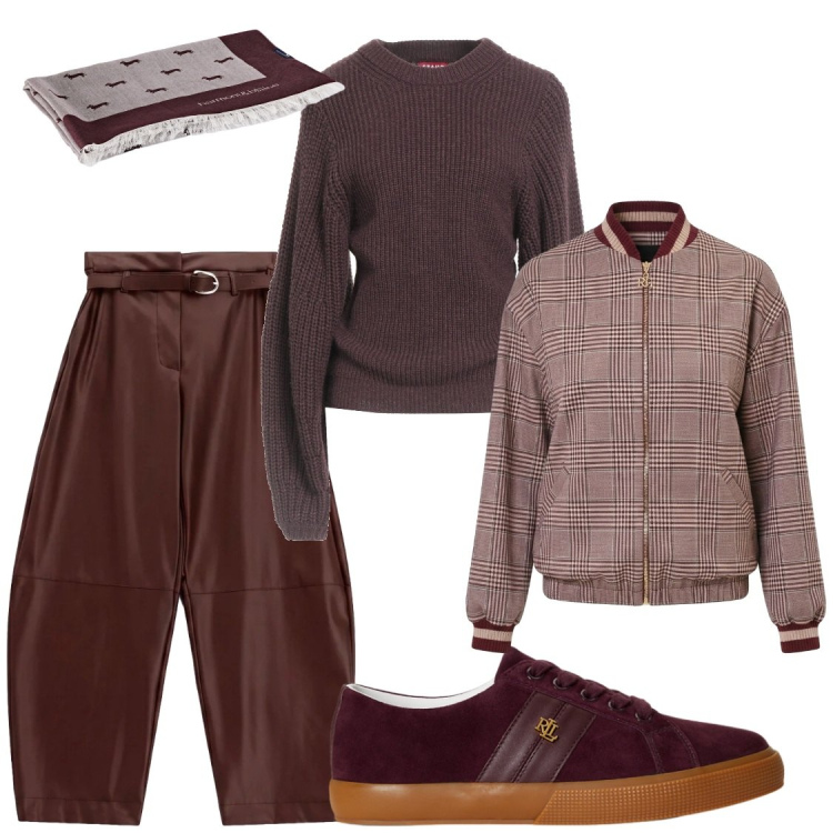 Outfit donna - Amaranto mood. Stile Casual chic per Tutti i giorni. Abbinamento con sciarpe, pantaloni, sneakers, bomber, pullovers.