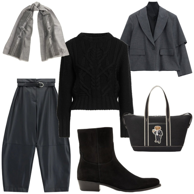 Outfit donna - Grey mood. Stile Casual chic per Ufficio. Abbinamento con pantaloni, blazer, stivaletti, borse tote, sciarpe, pullovers.
