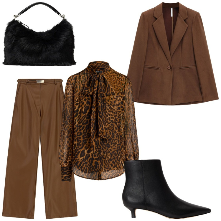 Outfit donna - Marrone cuoio e neto. Stile Glamour per Serata fuori. Abbinamento con pantaloni, blazer, bluse, stivaletti, borse a mano.