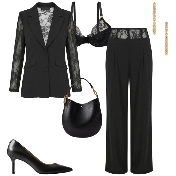 Outfit donna - Sensual Tailoring Noir. Stile Chic per Serata fuori. Abbinamento con pantaloni a palazzo, blazer, pochette, reggiseni, décolleté, orecchini.