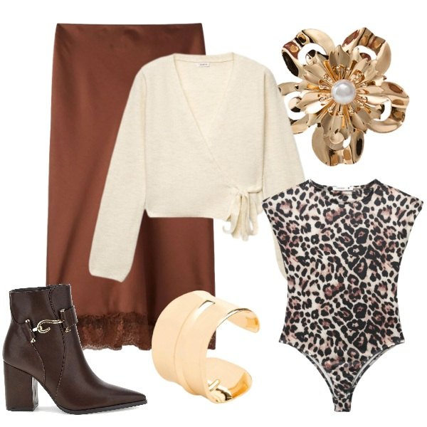 Outfit donna - Choco & Butter Mix. Stile Romantica per Serata fuori. look ideale per Tall. Abbinamento con braccialetti, gonne longuette, top, cardigans, maglieria, stivaletti.