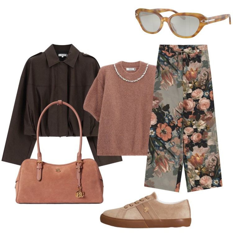 Outfit donna - Oggi mi sento romantica. Stile Chic per Tutti i giorni. Abbinamento con pantaloni a palazzo, maglieria, bomber, sneakers, borse a mano, occhiali da sole.