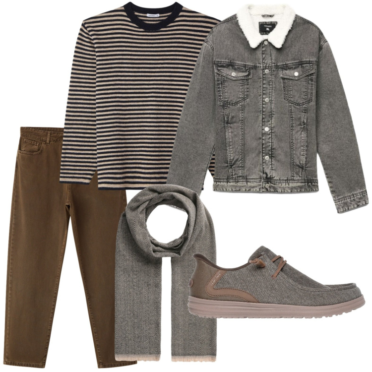 Outfit uomo - Maglia a righe. Stile Casual per Tutti i giorni. Abbinamento con sciarpe, pantaloni, giacche, maglieria, scarpe stringate.