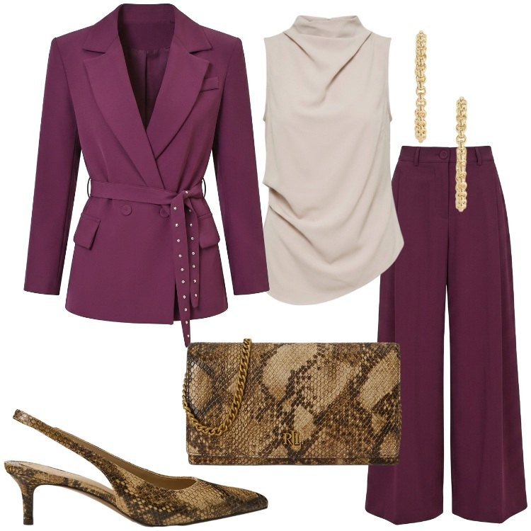 Outfit donna - Invito d\'autunno. Stile Chic per Cerimonia. Abbinamento con blazer, pantaloni a palazzo, top, décolleté, borse a tracolla, orecchini.