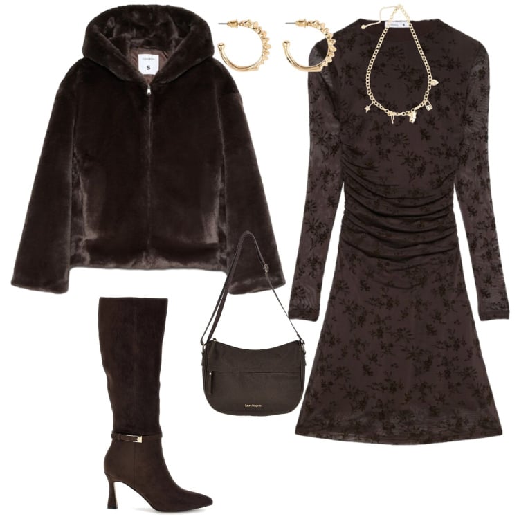 Outfit donna - Serata autunnale minimal chic. Stile Minimal per Serata fuori. Abbinamento con collane, orecchini, vestiti corti, blazer, stivali, borse a tracolla.