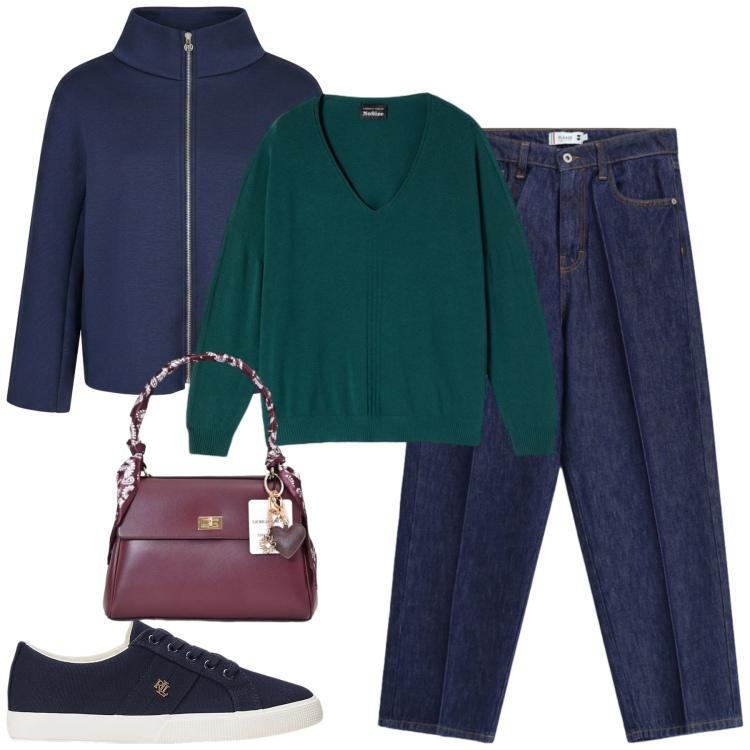 Outfit donna - Ottobre. Stile Casual chic per Tutti i giorni. Abbinamento con cappe, borse a mano, jeans, maglieria, sneakers.