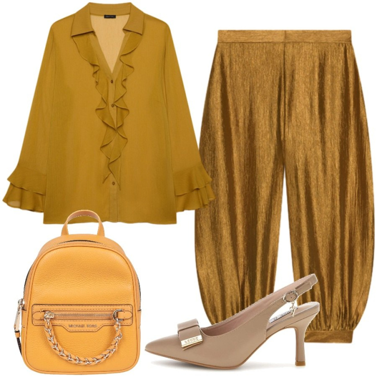 Outfit donna - Splendente. Stile Trendy per Ufficio. Abbinamento con bluse, pantaloni, zaini, décolleté.