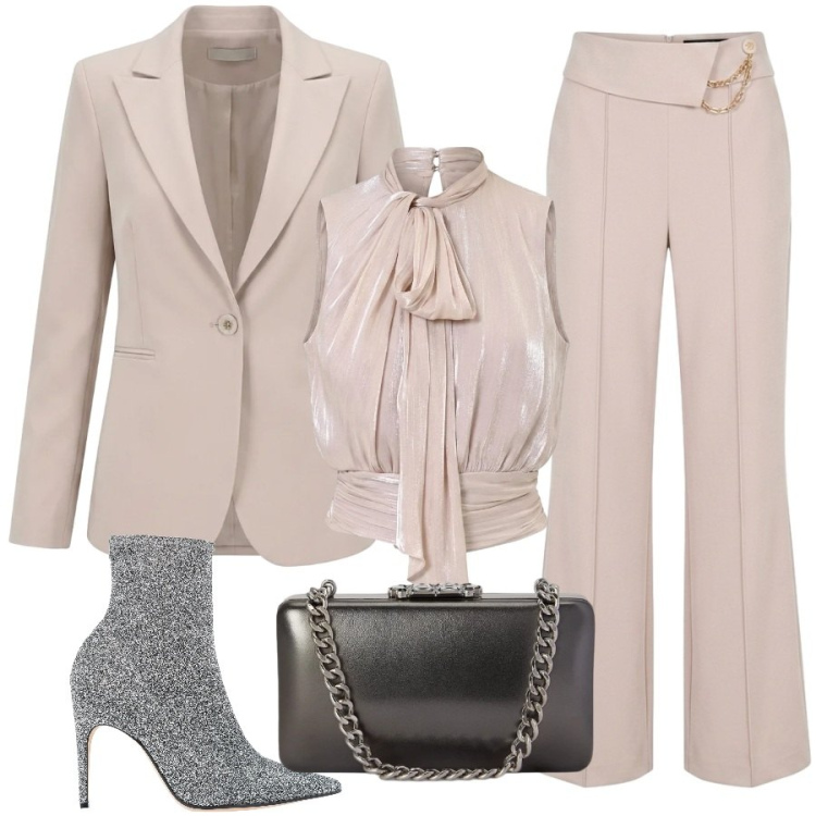 Outfit donna - Un mix speciale. Stile Trendy per Serata fuori. Abbinamento con stivaletti, pantaloni, top, blazer, clutch.