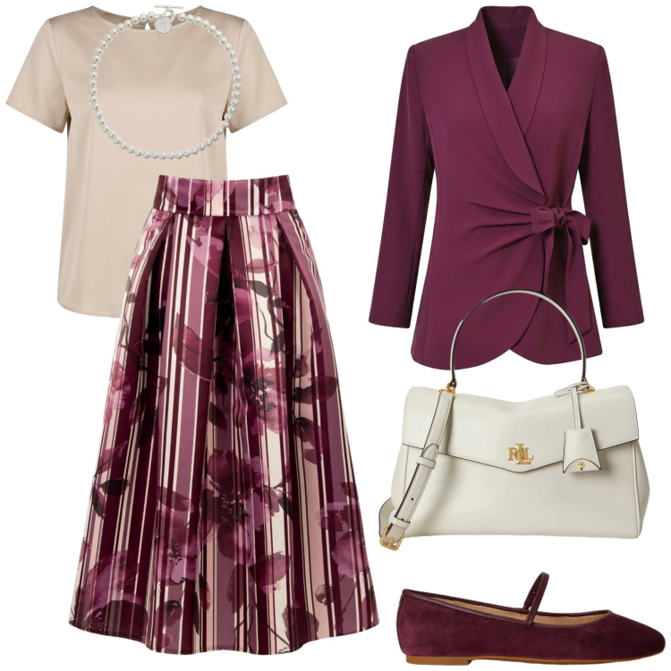 Outfit donna - Total look #2485362. Stile Chic per Cerimonia. Abbinamento con gonne longuette, blazer, t-shirt, collane, borse a mano, ballerine.
