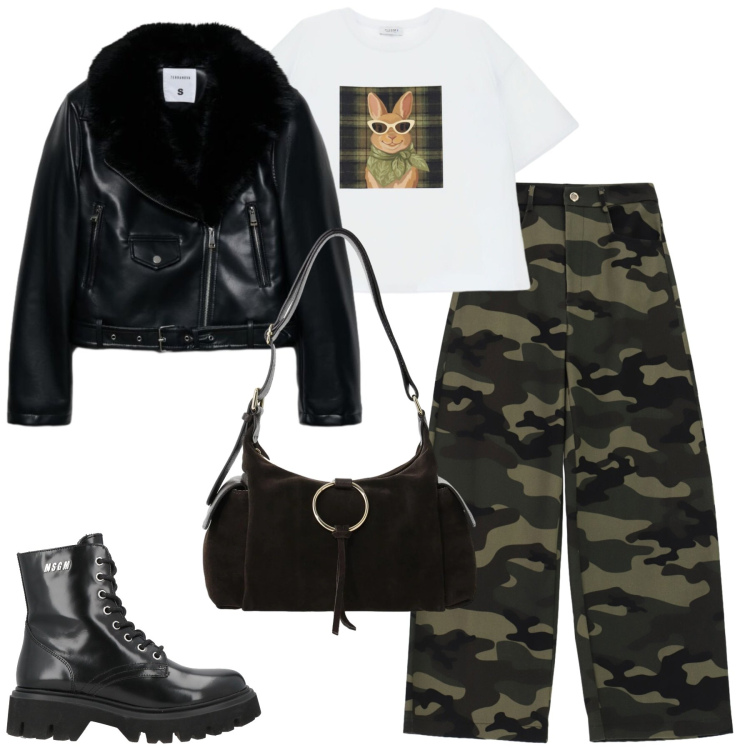Outfit donna - Urban rebel. Stile Urban per Tutti i giorni. Abbinamento con borse a spalla, pantaloni a palazzo, t-shirt, anfibi, giacche.