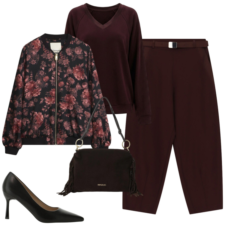 Outfit donna - Comfort sofisticato. Stile Chic per Tutti i giorni. Abbinamento con pantaloni, décolleté, felpe, borse a spalla, bomber.
