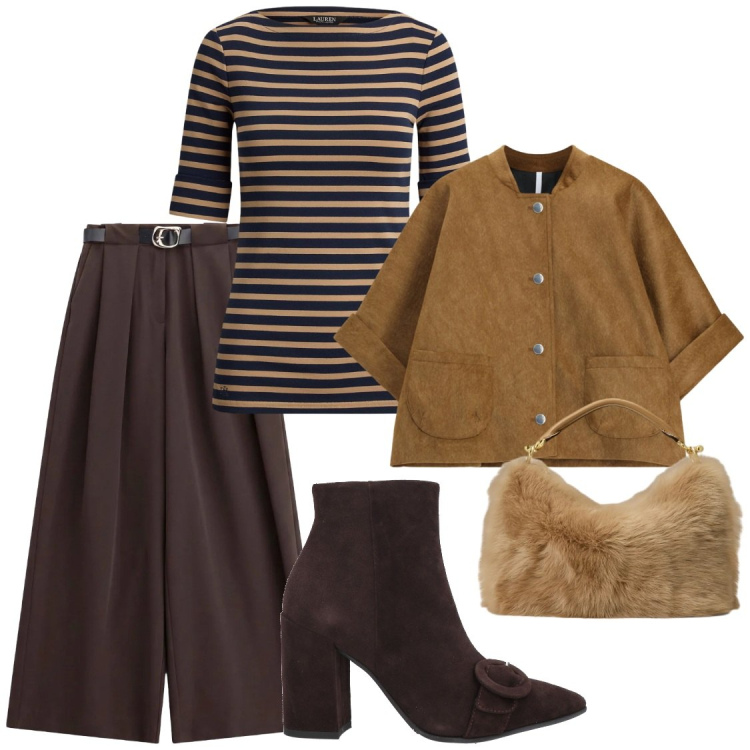 Outfit donna - Brown Harmony. Stile Chic per Ufficio. Abbinamento con stivaletti, pantaloni a palazzo, cappotti, t-shirt, borse a mano.