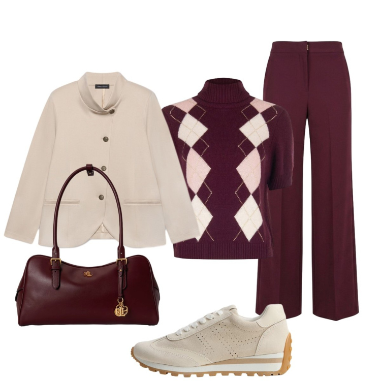 Outfit donna - L’eleganza del color bordeaux. Stile Minimal per Tutti i giorni. Abbinamento con blazer, sneakers, borse a mano, maglieria, pantaloni a palazzo.