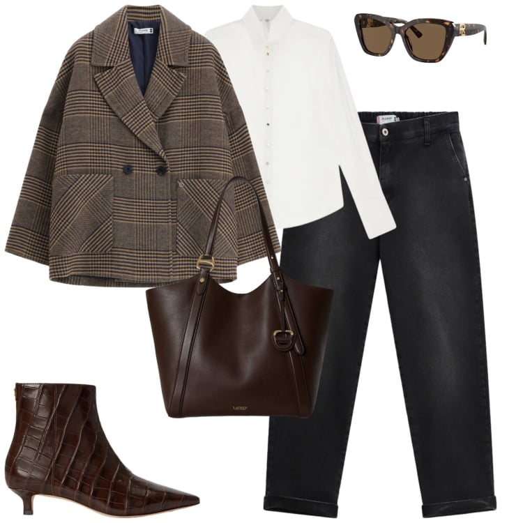 Outfit donna - Autumn Vibe urban chic. Stile Urban per Tutti i giorni. Abbinamento con camicie, borse tote, stivaletti, occhiali da sole, blazer, jeans.
