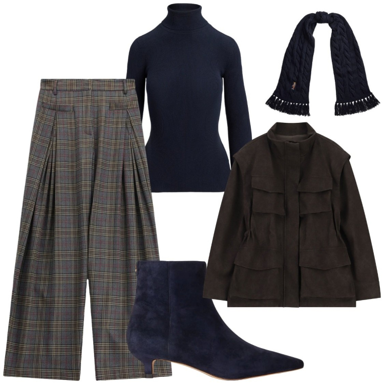 Outfit donna - Il Fascino dei Quadri e blu. Stile Chic per Ufficio. Abbinamento con pantaloni a palazzo, cappotti, stivaletti, sciarpe, t-shirt.