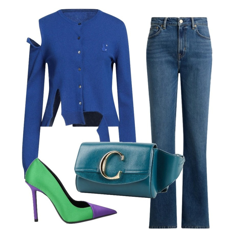 Outfit donna - Colori e stile. Stile Trendy per Serata fuori. Abbinamento con cardigans, décolleté, marsupi, jeans dritti.