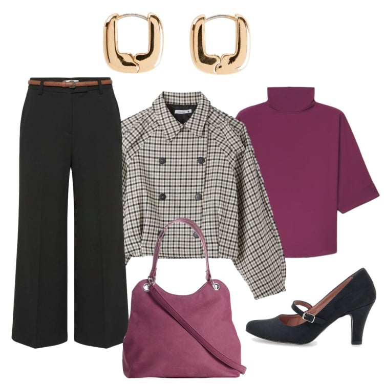 Outfit donna - Una spruzzata di viola. Stile Chic per Tutti i giorni. Abbinamento con bluse, pantaloni, caban, décolleté, borse a mano, orecchini.