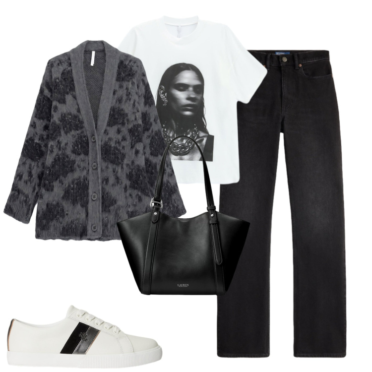 Outfit donna - Denim in autunno. Stile Casual chic per Tutti i giorni. Abbinamento con cardigans, t-shirt, borse tote, jeans dritti, sneakers.