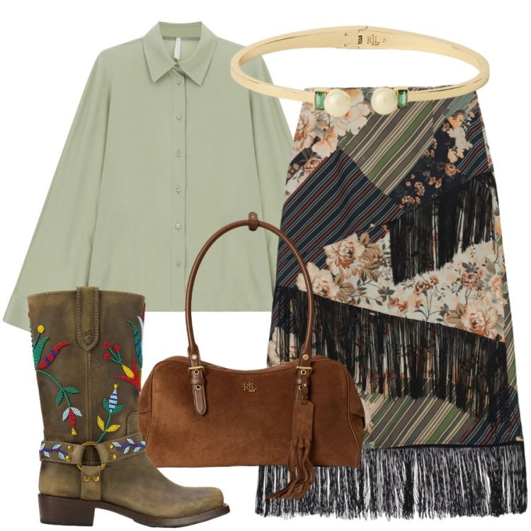 Outfit donna - Frange e fiori. Stile Sporty chic per Tutti i giorni. Abbinamento con gonne longuette, camicie, stivali, borse a spalla, braccialetti.