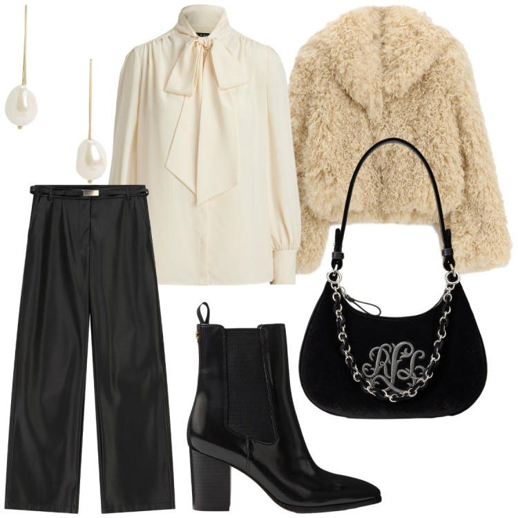 Outfit donna - Glamour tra amiche. Stile Glamour per Serata fuori. Abbinamento con pantaloni, ecopellicce, camicie, orecchini, stivaletti, borse a spalla.