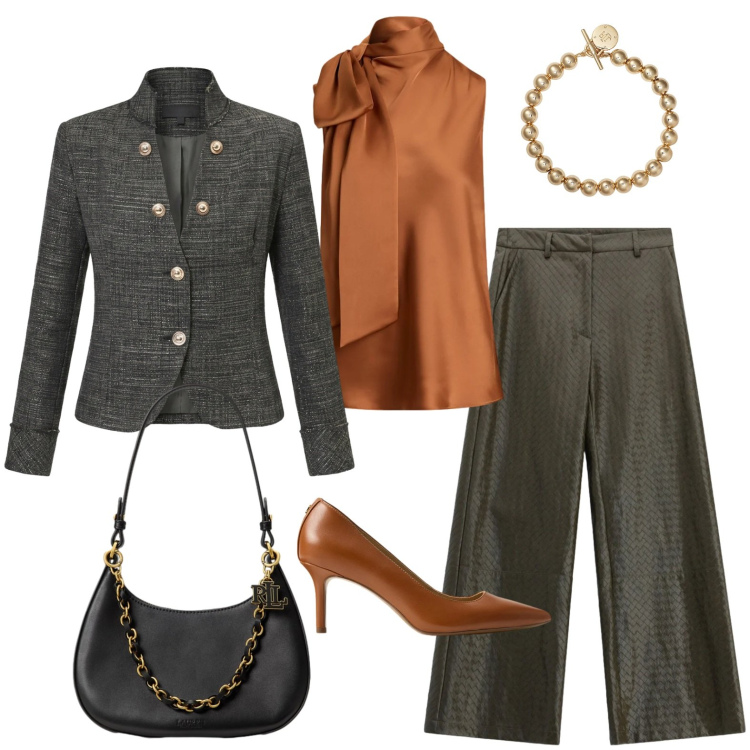 Outfit donna - Invitata ad un battesimo. Stile Glamour per Cerimonia. Abbinamento con blazer, pantaloni a palazzo, braccialetti, décolleté, bluse, borse a spalla.