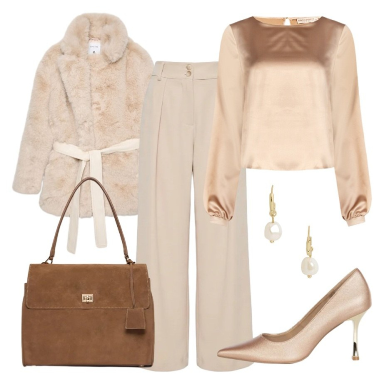 Outfit donna - Delicata e chic. Stile Chic per Ufficio. Abbinamento con borse a mano, orecchini, pantaloni a palazzo, décolleté, bluse, cappotti.