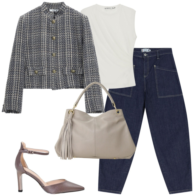 Outfit donna - La giacca in tweed sui jeans. Stile Casual chic per Tutti i giorni. Abbinamento con décolleté, borse a spalla, jeans, cappotti, top.