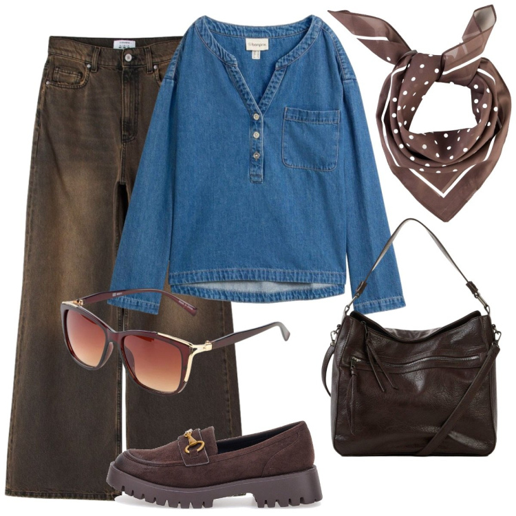Outfit donna - Solo jeans. Stile Basic per Serata fuori. Abbinamento con shopping bag, occhiali da sole, foulard, bluse, jeans, mocassini.