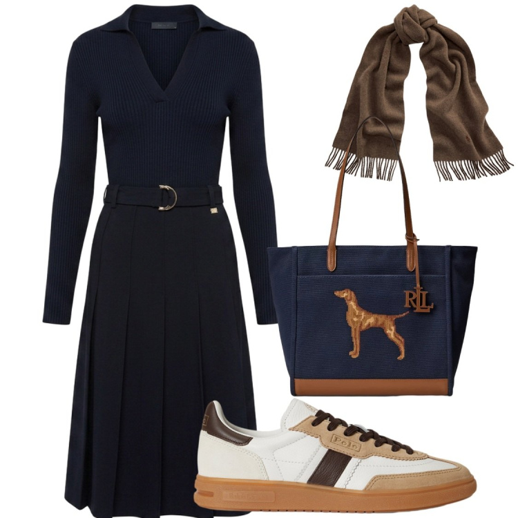 Outfit donna - Stili. Stile Chic per Serata fuori. Abbinamento con vestiti midi/longuette, sciarpe, sneakers, borse tote.