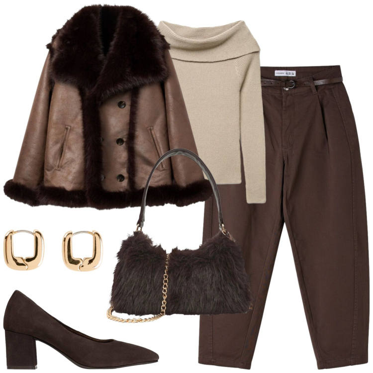 Outfit donna - Primi freddi. Stile Urban per Tutti i giorni. Abbinamento con orecchini, décolleté, borse a spalla, maglieria, giacche, pantaloni.