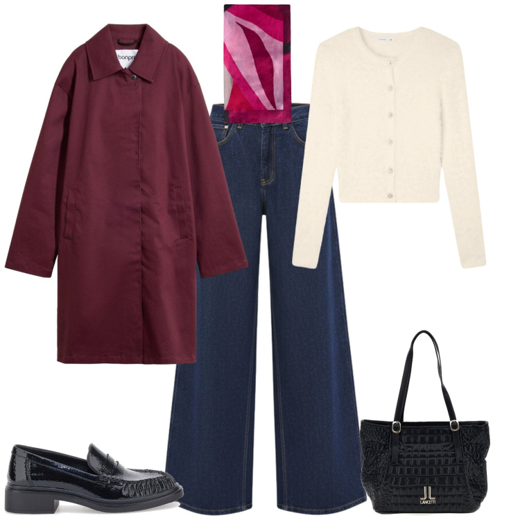 Outfit donna - Casual pioggia autunno ufficio. Stile Casual per Ufficio. Abbinamento con trench, cardigans, jeans, foulard, shopping bag, mocassini.